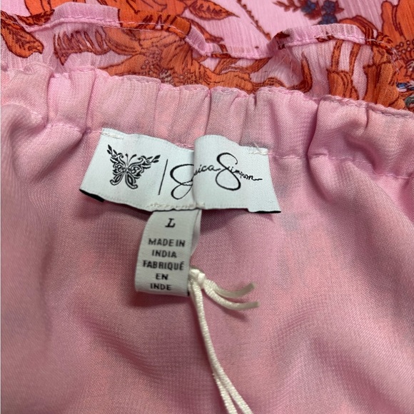 JESSICA SIMPSON PINK & ORANGE RUFFLE FLORAL PRINT OFF SHOULDER MINI DRESS SZ L - Picture 9 of 11